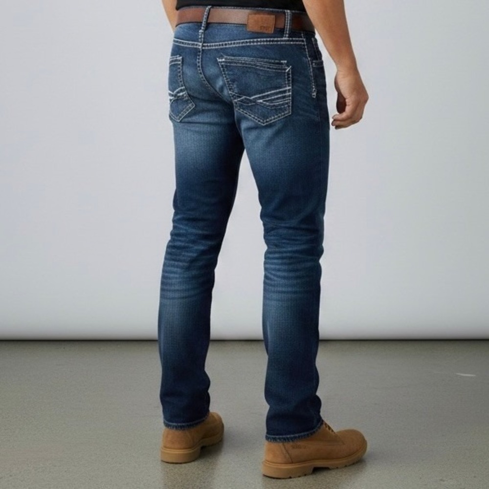BKE Tyler Mens‎ Straight Leg Jeans Dark Wash Distressed 34L Embroidered Pockets